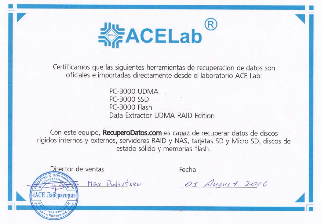 certificate from Ace Laboratories