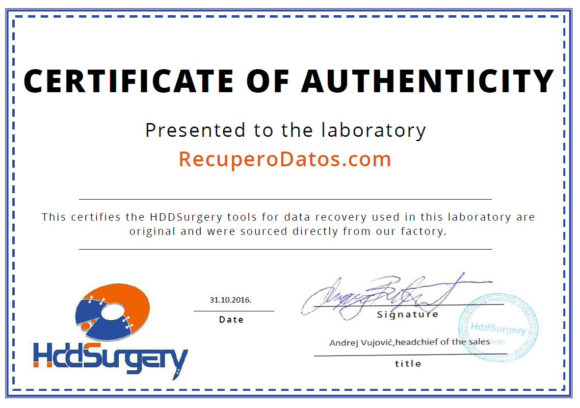 certificado de autenticidad de herramientas de HDDSurgery